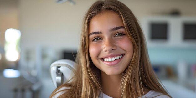 写真 歯科医の椅子に座っている若いヨーロッパの女性が満足しているように見えます コンセプト 歯科検査 笑顔の患者 歯科治療 満足した顧客 医療サービス