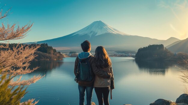 写真 a young friend bearded international travel in fuji japan landmark with lake