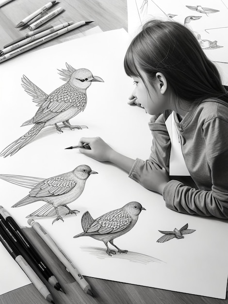 写真 若い女の子が水彩色鉛筆で絵を描く