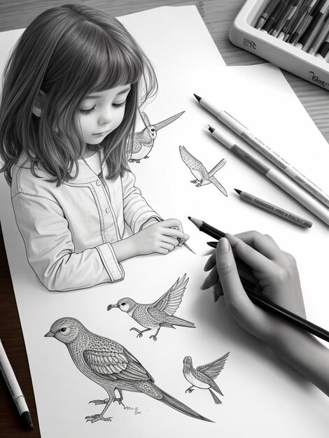 写真 若い女の子が水彩色鉛筆で絵を描く