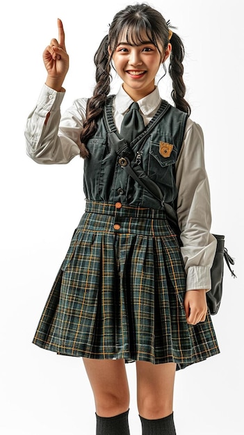 Фото Молодая девушка в школьной форме подает знак мира