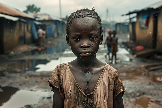 写真 若い女の子が泥だらけの通りで立っています