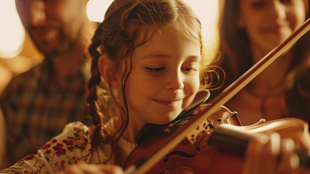 Фото Молодая девушка в цветочном платье грациозно и легко играет на скрипке, в то время как ее родители слушают