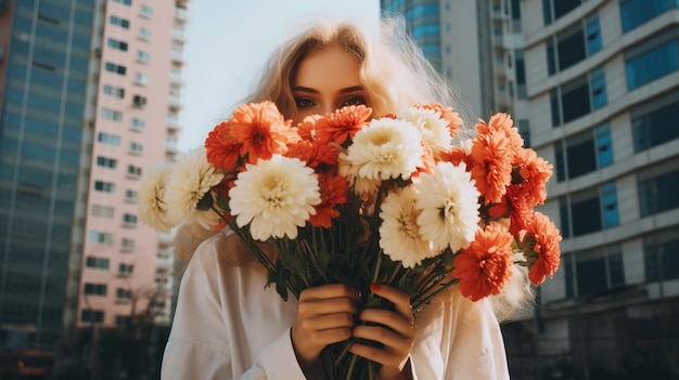 写真 高層ビル の 背景 に 顔 を 覆っ て いる 大きな 花束 を 持っ て いる 若い 少女