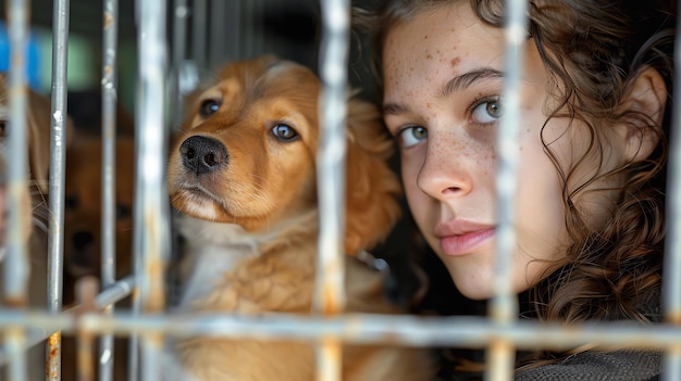 写真 顔に斑点がある少女が籠の中の犬を見て悲しんでいます犬も彼女を見ています