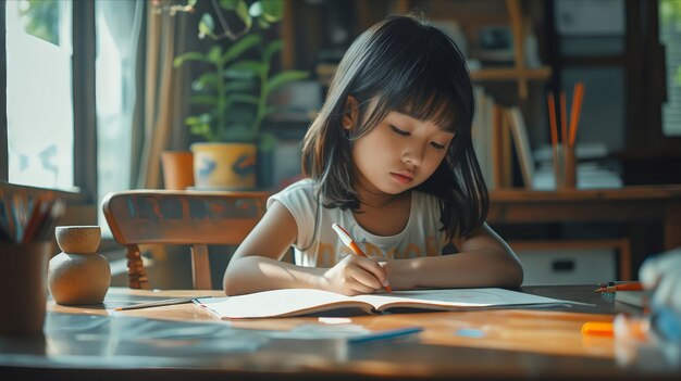 写真 机で書いている若い女の子