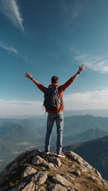 Фото Счастливый молодой европеец туристический рюкзак стоит на вершине скалы в горах путешествует