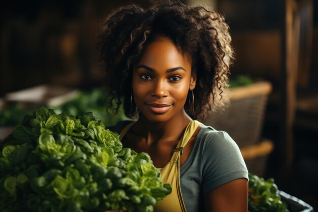 Фото Молодая счастливая женщина, садовник выращивает салат в теплице.