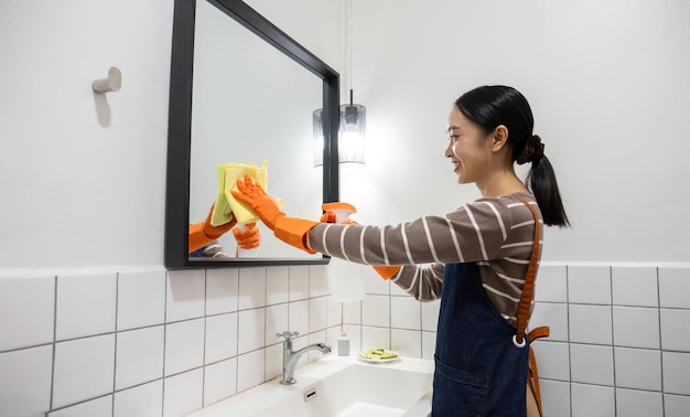 写真 若いメイドが布と掃除用スプレーを使ってバスルームを掃除する