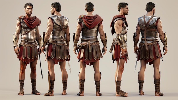 사진 젊은 남성 로마 군인은 로리카 세그메타타와 은 망토를 입고 전투 자세로 서 있습니다. 그는 글라디우스와 스쿠으로 무장합니다.