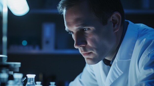사진 실험실 코트를 입은 젊은 남성 과학자가 현미경 슬라이드를 보고 있다. 그는 희미하게 조명된 실험실에서 일하고 있다.