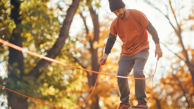 写真 カジュアルな服を着た若い男が秋の公園で綱引きで歩いています彼は帽子と長袖のシャツを着ています