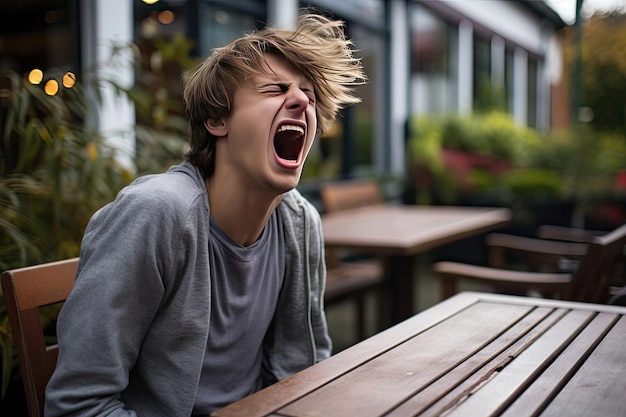 写真 若い男がテーブルに向かって口を開けて叫んでいる。