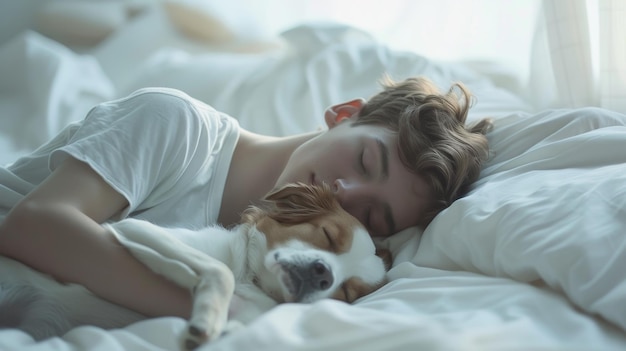 写真 若い男がベッドで犬と一緒に寝ている