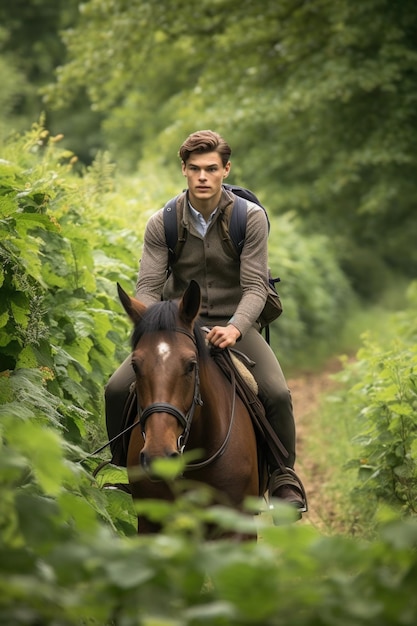Фото Молодой человек, проходящий через сельскую местность на лошади