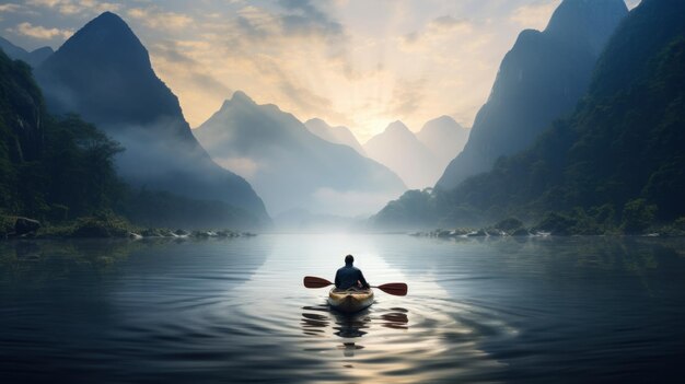 写真 霧の山に囲まれた川でカヤックを漕ぐ若い男