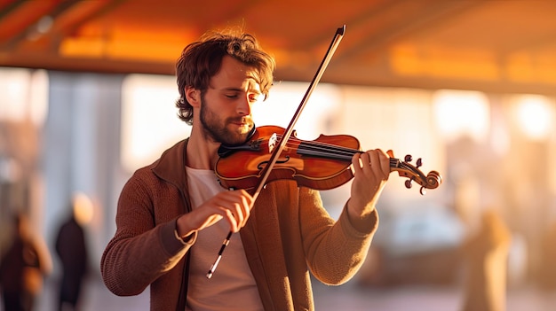 Фото Молодой человек публично играет на скрипке. музыкальная концепция generative ai.