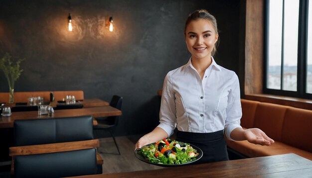 写真 美しい若い女の子のウェイトレスは野菜サラダの皿を提供します