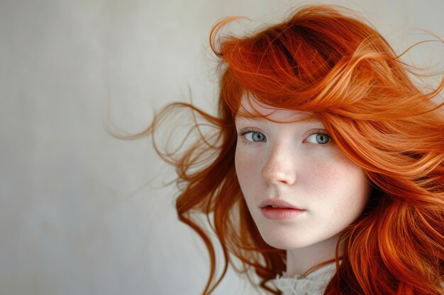 사진 바람에 휘날리는 붉은 머리를 가진 젊은 빨간 머리 여성