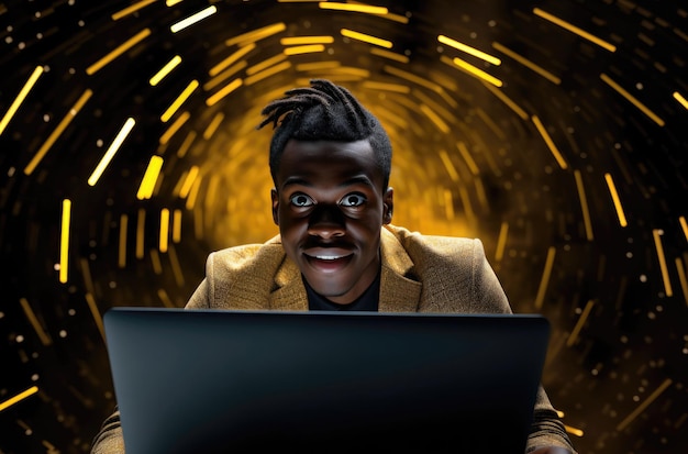 Фото Молодой улыбающийся афроамериканец в стильном сидении за ноутбуком на фоне футуристического интерьера