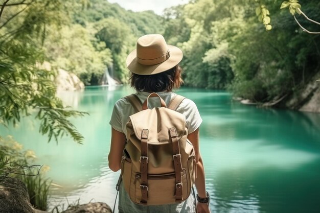 写真 大きなバックパックを持った若い観光客が熱帯の自然と川を見ています