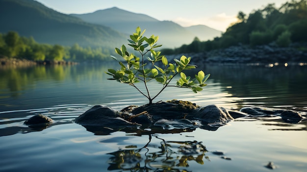 写真 流れの自然背景の真ん中にある岩の上に若い木が成長しています