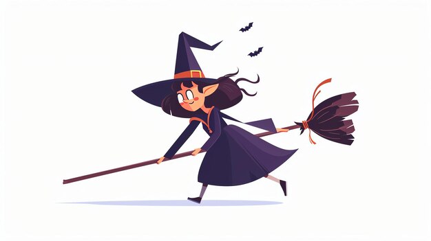 Фото Молодая ведьма летит на метле, она носит фиолетовое платье и высокую заостренную шляпу, ее волосы текут за ней на ветру.