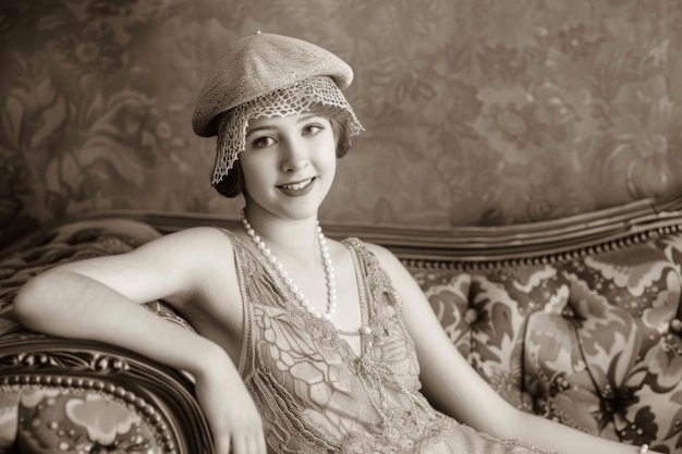 Фото Молодая женщина в платье 1920-х сидит на винтажном кресле