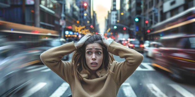 写真 若い女性が街の混雑した通りを横断している