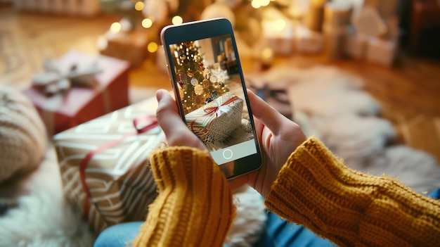 사진 한 젊은 여성이 아름답게 포장 된 크리스마스 선물 의 사진 을 찍고 있다. 선물 은 장식 된 크리스마с 트리 앞 에 앉아 있다.