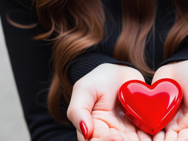 写真 a young woman person holds small red heart candy in her hands