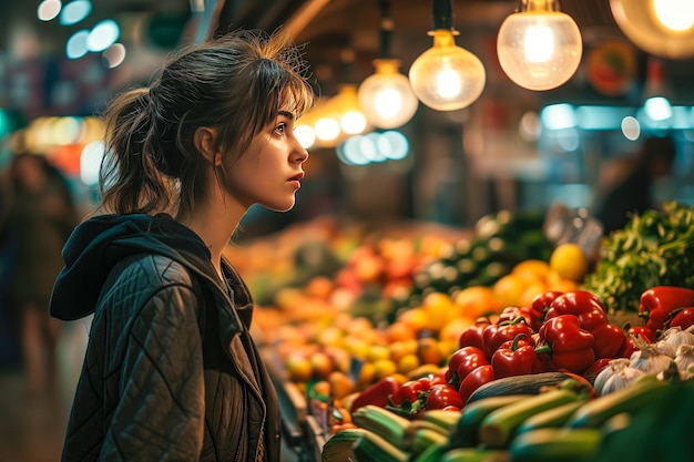 写真 若い女性が活気のある食料品店に立って新鮮な商品で満たされたカートを乗せています