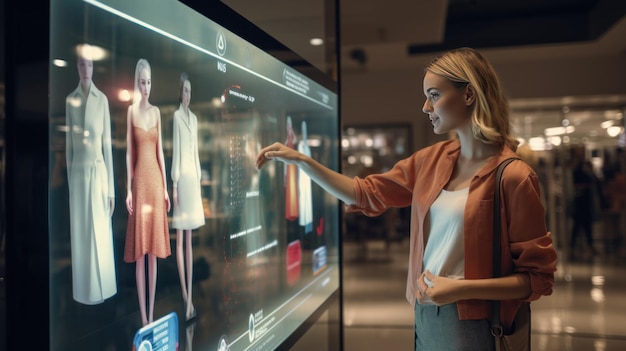 Фото Молодая женщина использует умный голографический дисплей для покупки одежды в универмаге
