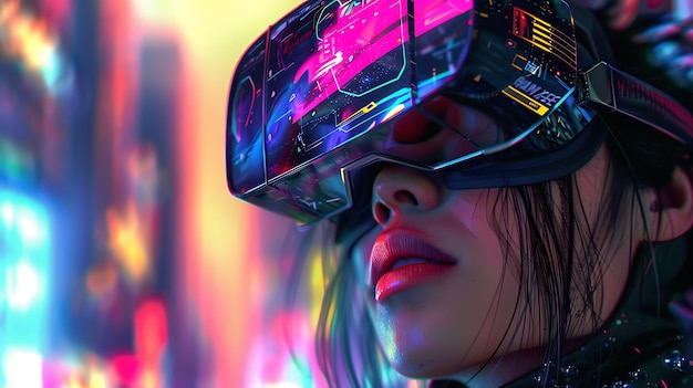 写真 a young woman wearing a virtual reality headset she is standing in a dark room surrounded by colorful lights