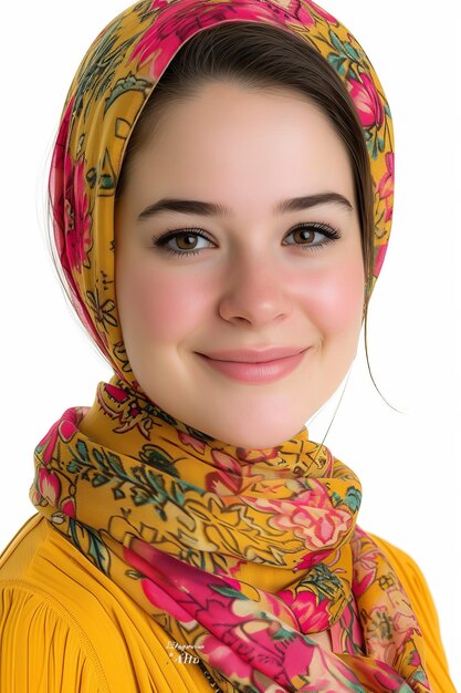 Фото Молодая женщина в желтом платке улыбается в камеру