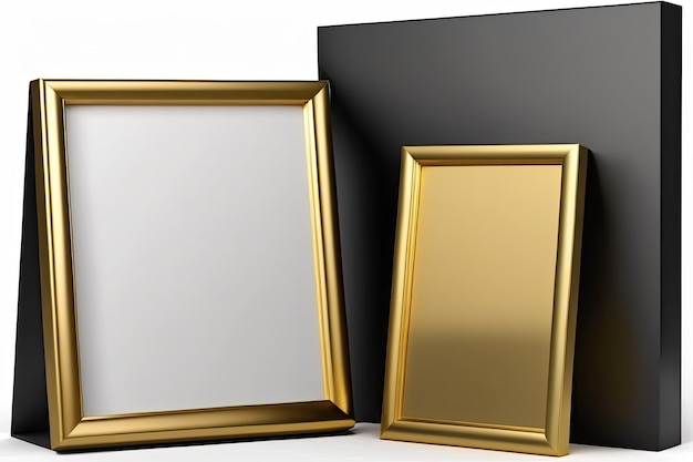 A3 and A4 vertical golden picture frames without a picture inside isolated on a black stand