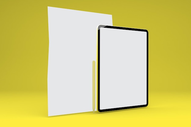 Carta a4 e tablet lato destro isolato in sfondo giallo