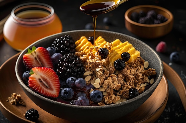 Aa bowl with granola fresh fruit and a drizzle of honey