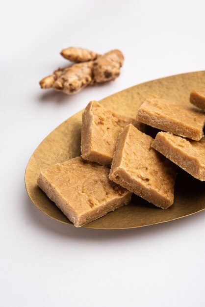 Aale Pak or Ginger Barfi or candy or Adrak barfee or burfi is a traditional Indian medicine for cough and cold