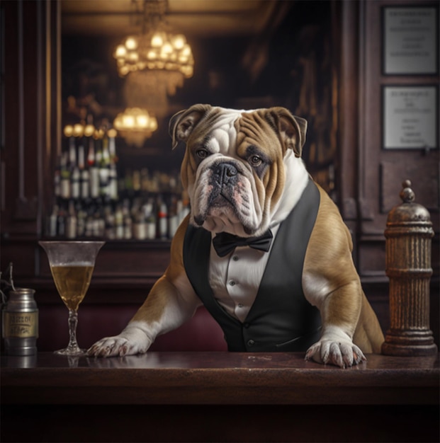 Aan de bar staat een hond in een smoking.