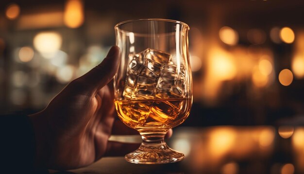 Aan de luxe bar vieren mannen feest met door AI gegenereerde whiskycocktails