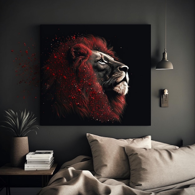 Foto aan de muur hangt een schilderij van een leeuw met rode veren op het gezicht.