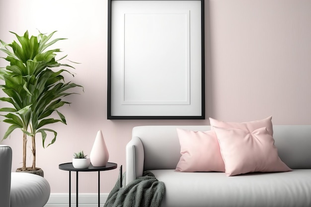 Aan de muur van de kamer hangt een mockup-poster met een verticale roze lijst