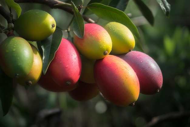 Aan een boom hangt een bos groene en rode mango's.