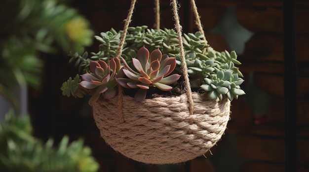 Aan een boom hangt een hangende mand met vetplanten.