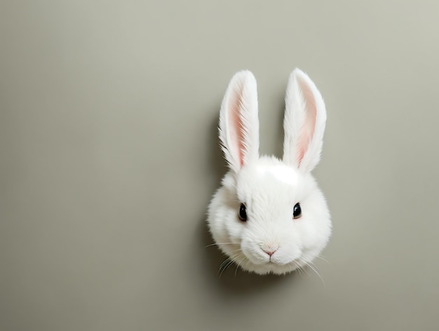Aan een grijze muur hangt een witte konijnenkop.