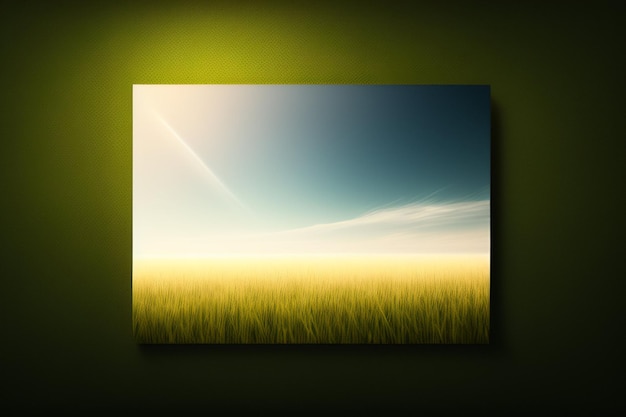 Aan een groene muur hangt een schilderij van een grasveld.