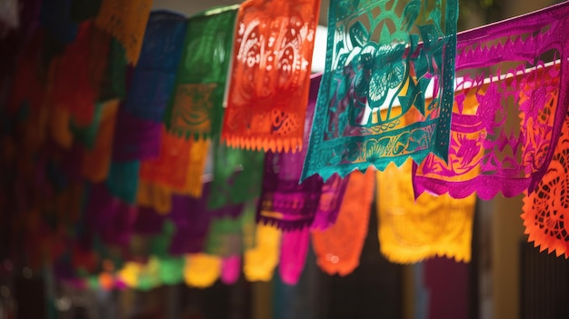 Aan een plafond hangt een kleurrijke lamp met een Mexicaanse vlag in het midden.