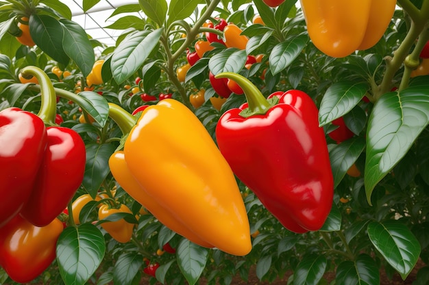 Aan een plant hangt een bos paprika's