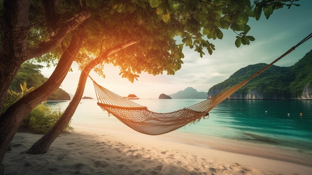 Aan een strand hangt een hangmat met een zonsondergang op de achtergrond.